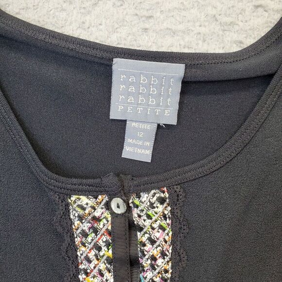 Rabbit Blouse Top Women's 12 Black Lace Trim Long Sleeve Round Neck Button Front - Picture 3 of 5